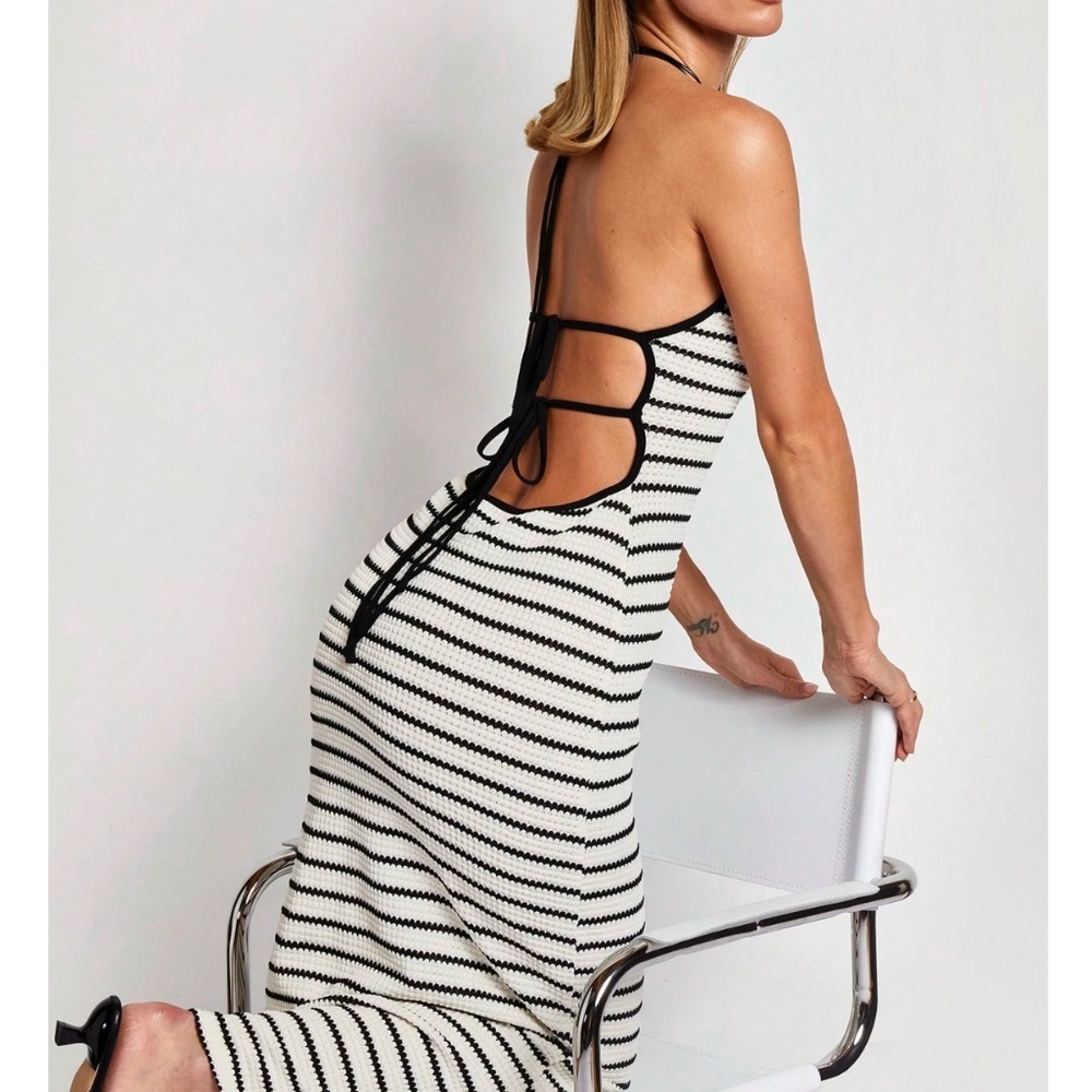 Off White with Black Stripes Knit Deep V Keyhole Backless Dress Halter Ties